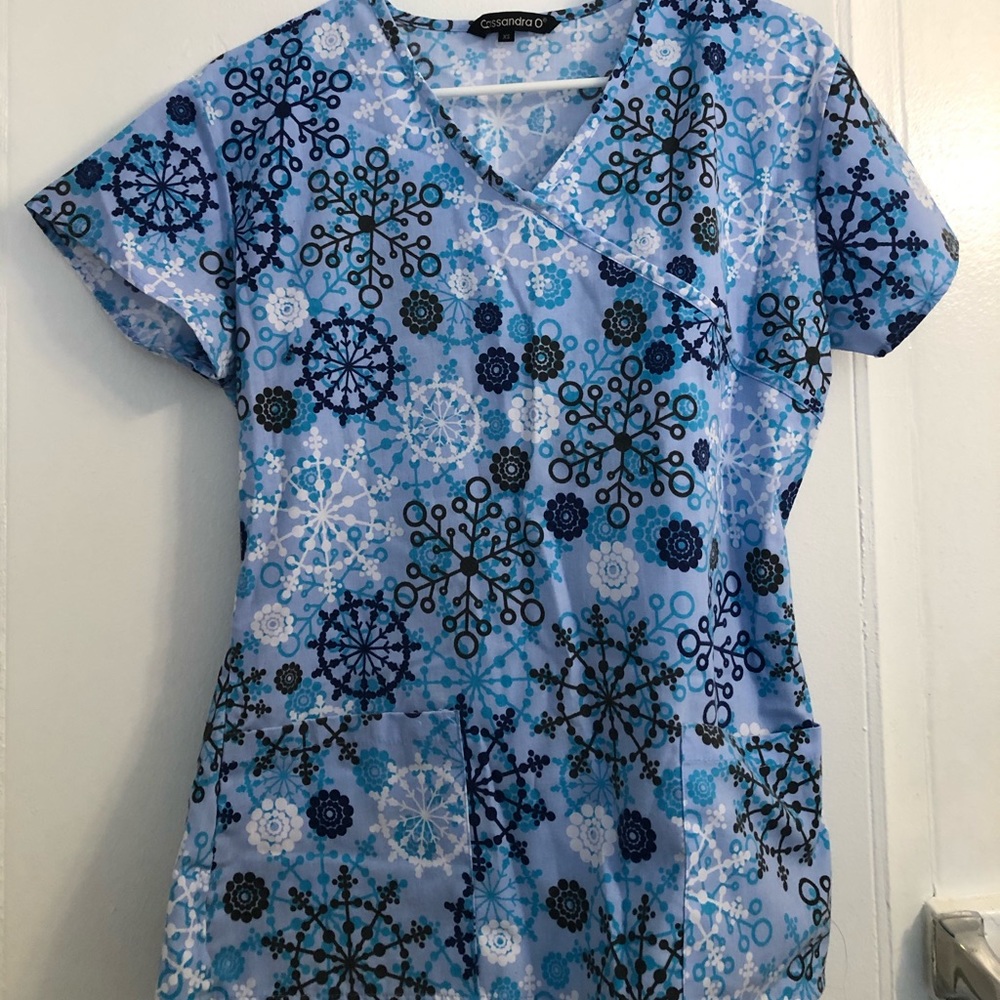 Blue Snowflake Scrub Top